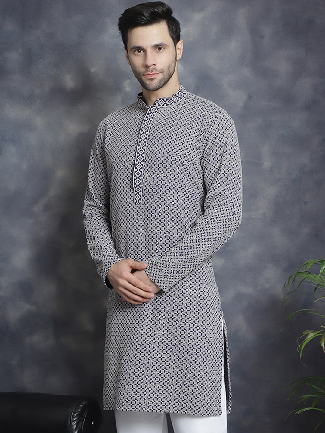 Jompers Men's Sequin Embroidered Pure Cotton Kurta - Navy Blue - Distacart