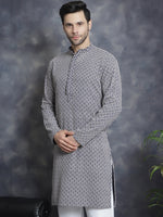 Thumbnail for Jompers Men's Sequin Embroidered Pure Cotton Kurta - Navy Blue - Distacart