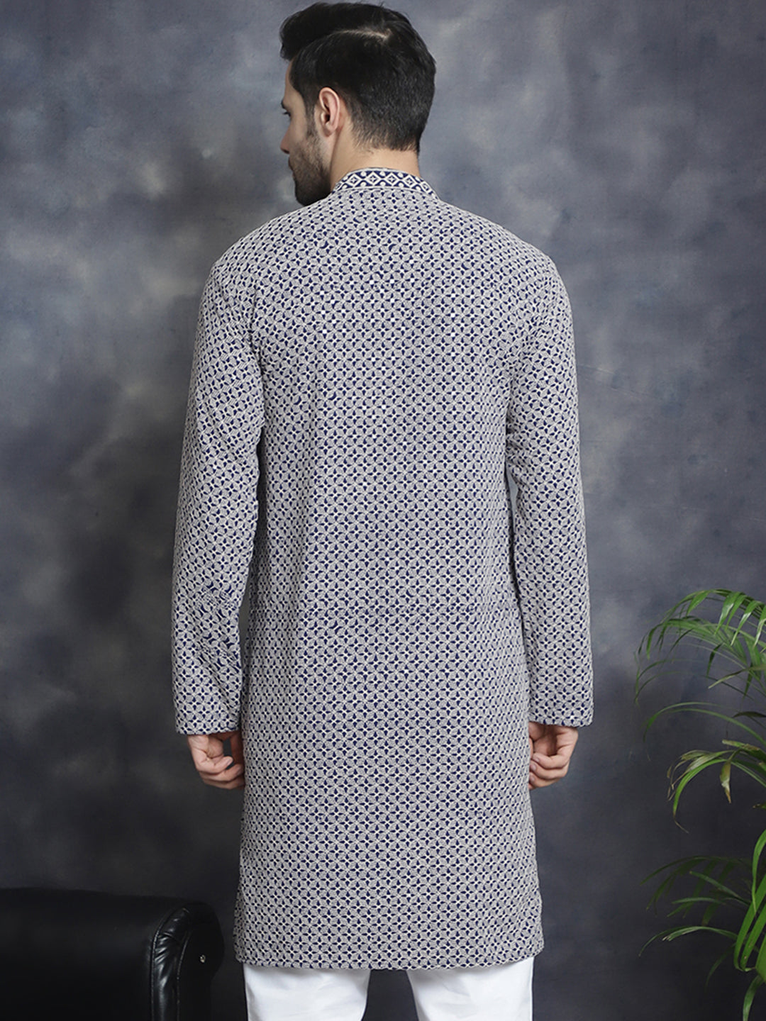 Jompers Men's Sequin Embroidered Pure Cotton Kurta - Navy Blue - Distacart