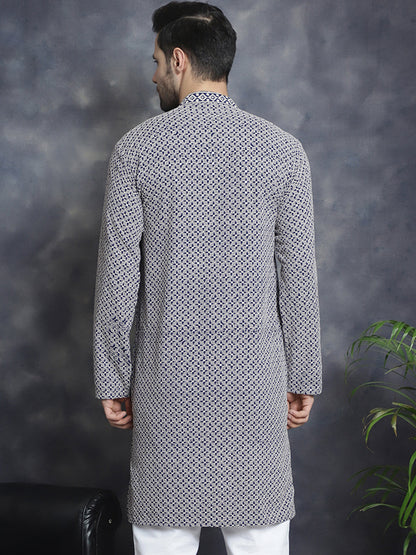 Jompers Men's Sequin Embroidered Pure Cotton Kurta - Navy Blue - Distacart