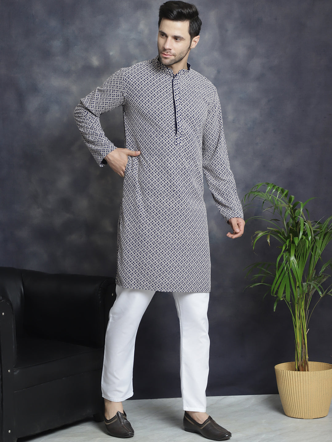 Jompers Men's Sequin Embroidered Pure Cotton Kurta - Navy Blue - Distacart