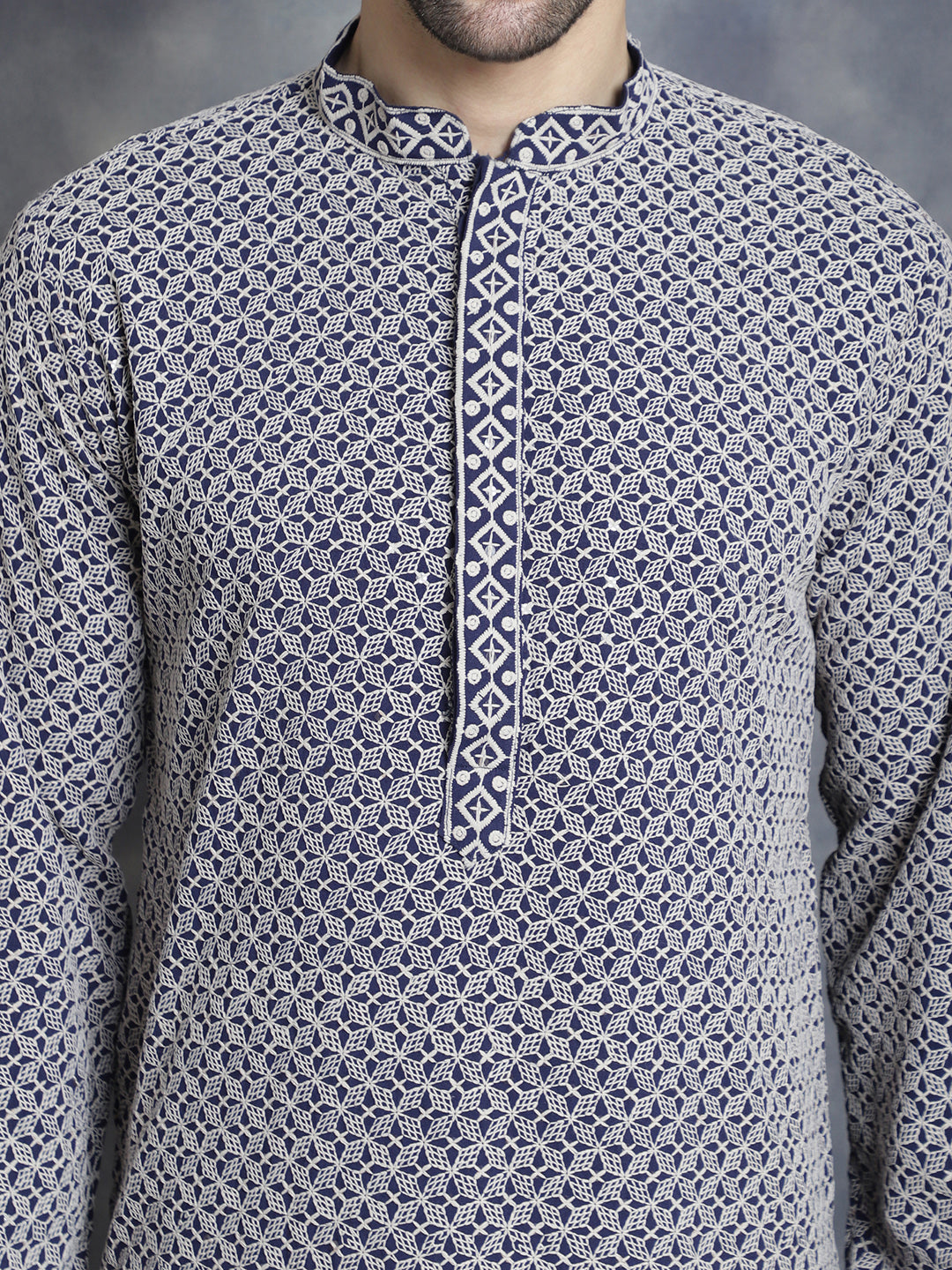 Jompers Men's Sequin Embroidered Pure Cotton Kurta - Navy Blue - Distacart
