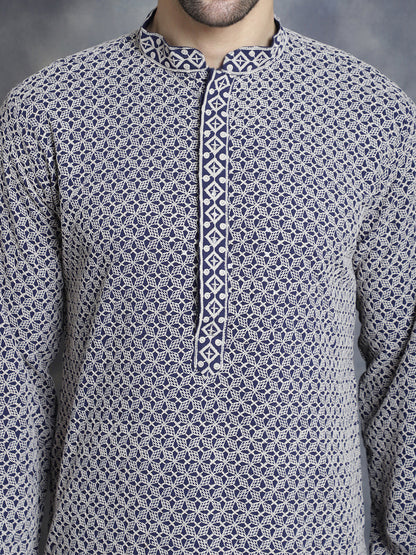Jompers Men's Sequin Embroidered Pure Cotton Kurta - Navy Blue - Distacart