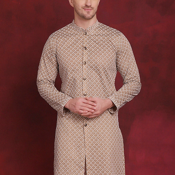 Jompers Men's Sequin Chikankari Front Open Kurta - Beige - Distacart