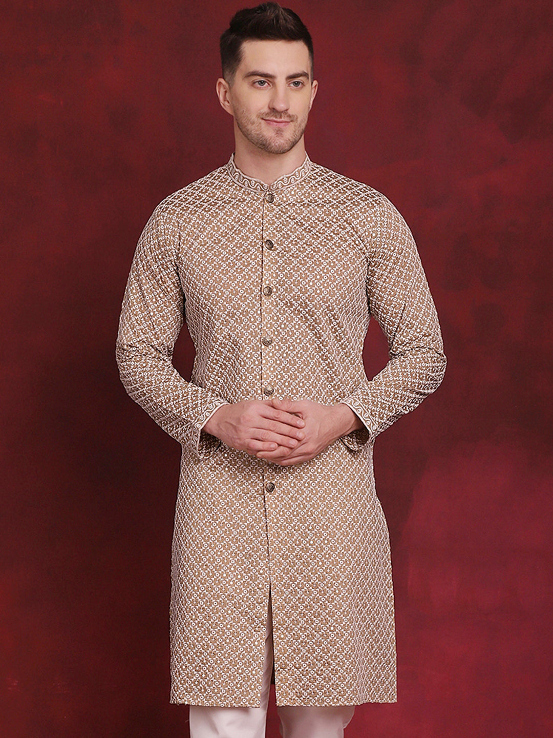 Jompers Men's Sequin Chikankari Front Open Kurta - Beige - Distacart