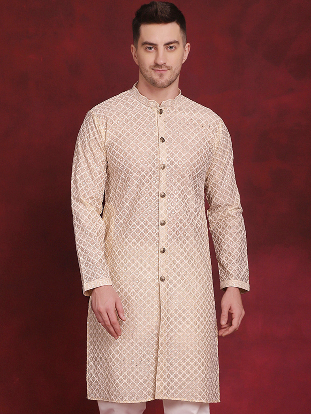 Jompers Men's Sequin Chikankari Front Open Kurta - Golden - Distacart