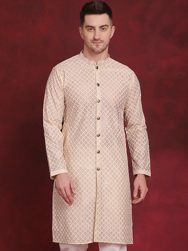 Jompers Men's Sequin Chikankari Front Open Kurta - Golden - Distacart