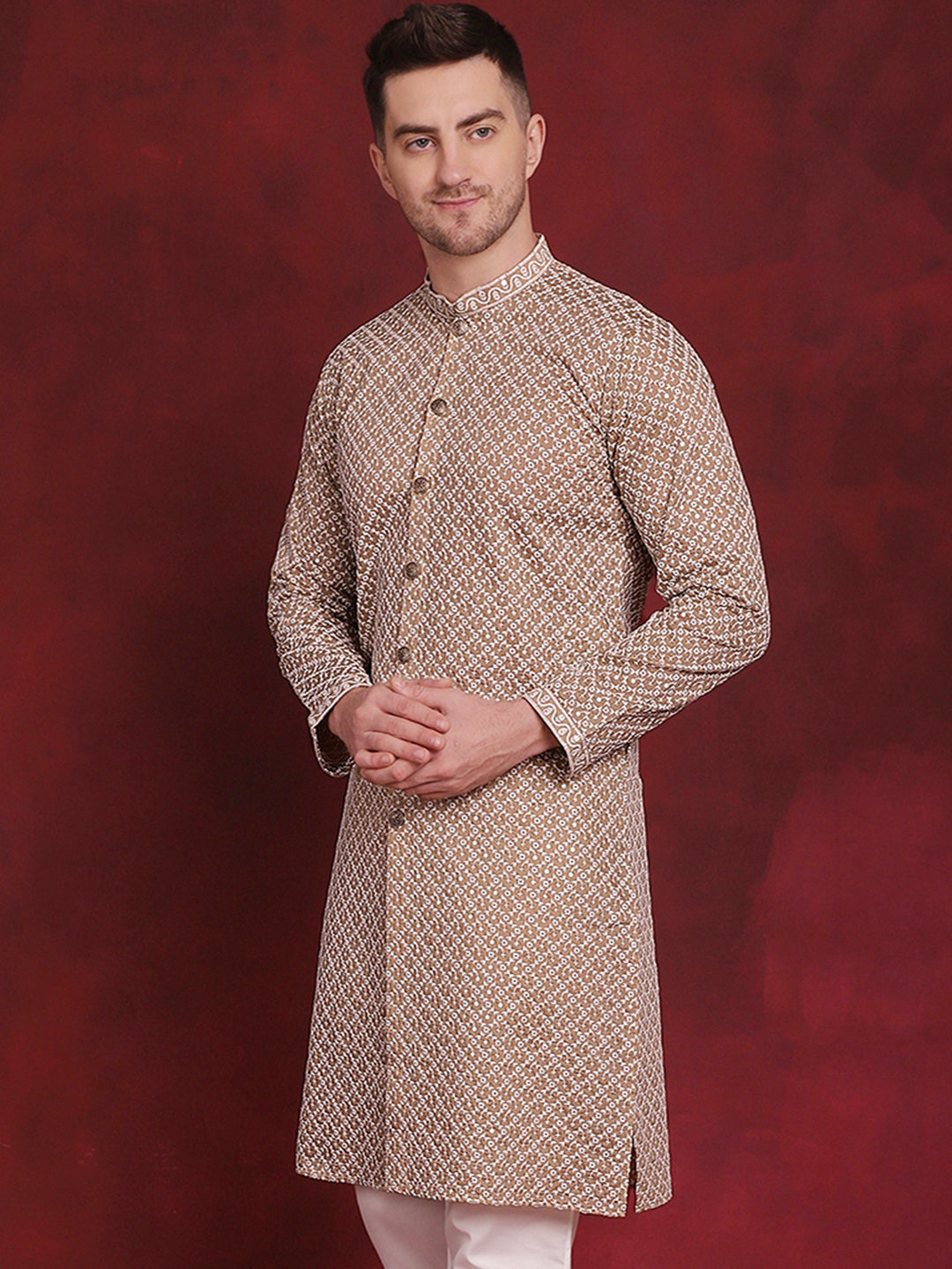 Jompers Men's Sequin Chikankari Front Open Kurta - Beige - Distacart