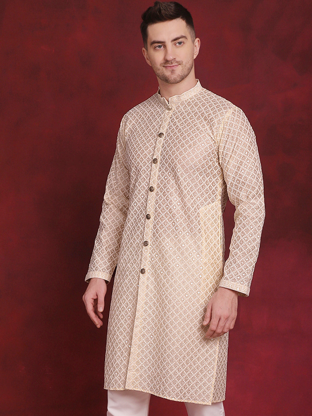 Jompers Men's Sequin Chikankari Front Open Kurta - Golden - Distacart