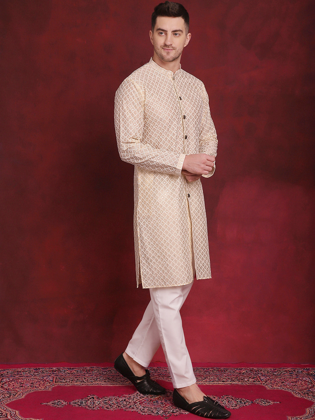 Jompers Men's Sequin Chikankari Front Open Kurta - Golden - Distacart