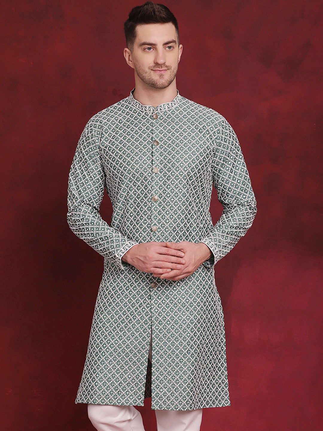 Jompers Men's Sequin Chikankari Front Open Kurta - Green - Distacart