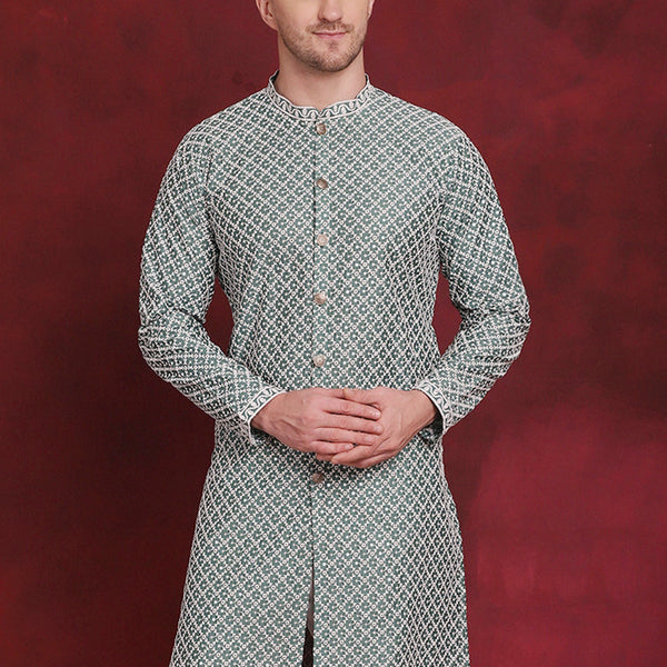 Jompers Men's Sequin Chikankari Front Open Kurta - Green - Distacart