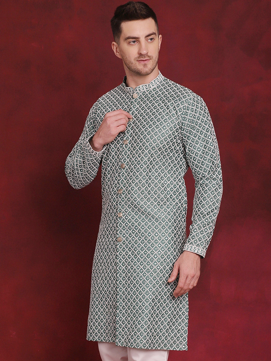Jompers Men's Sequin Chikankari Front Open Kurta - Green - Distacart