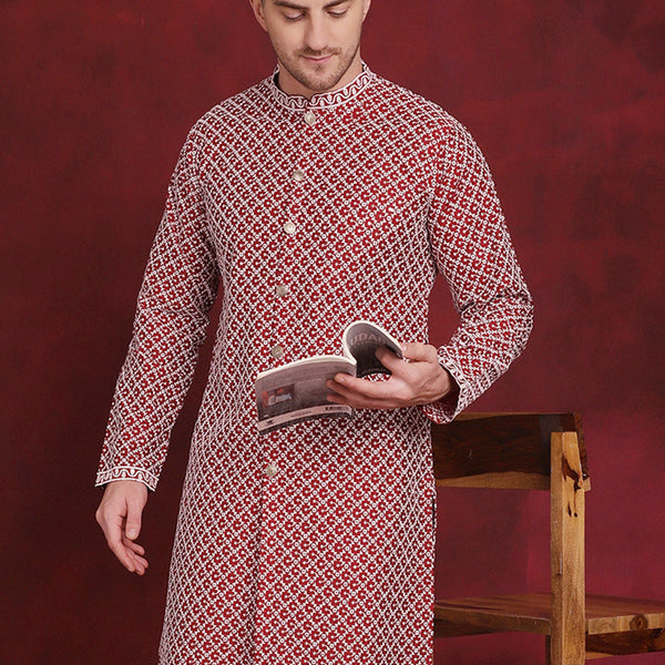 Jompers Men's Sequin Chikankari Front Open Kurta - Maroon - Distacart