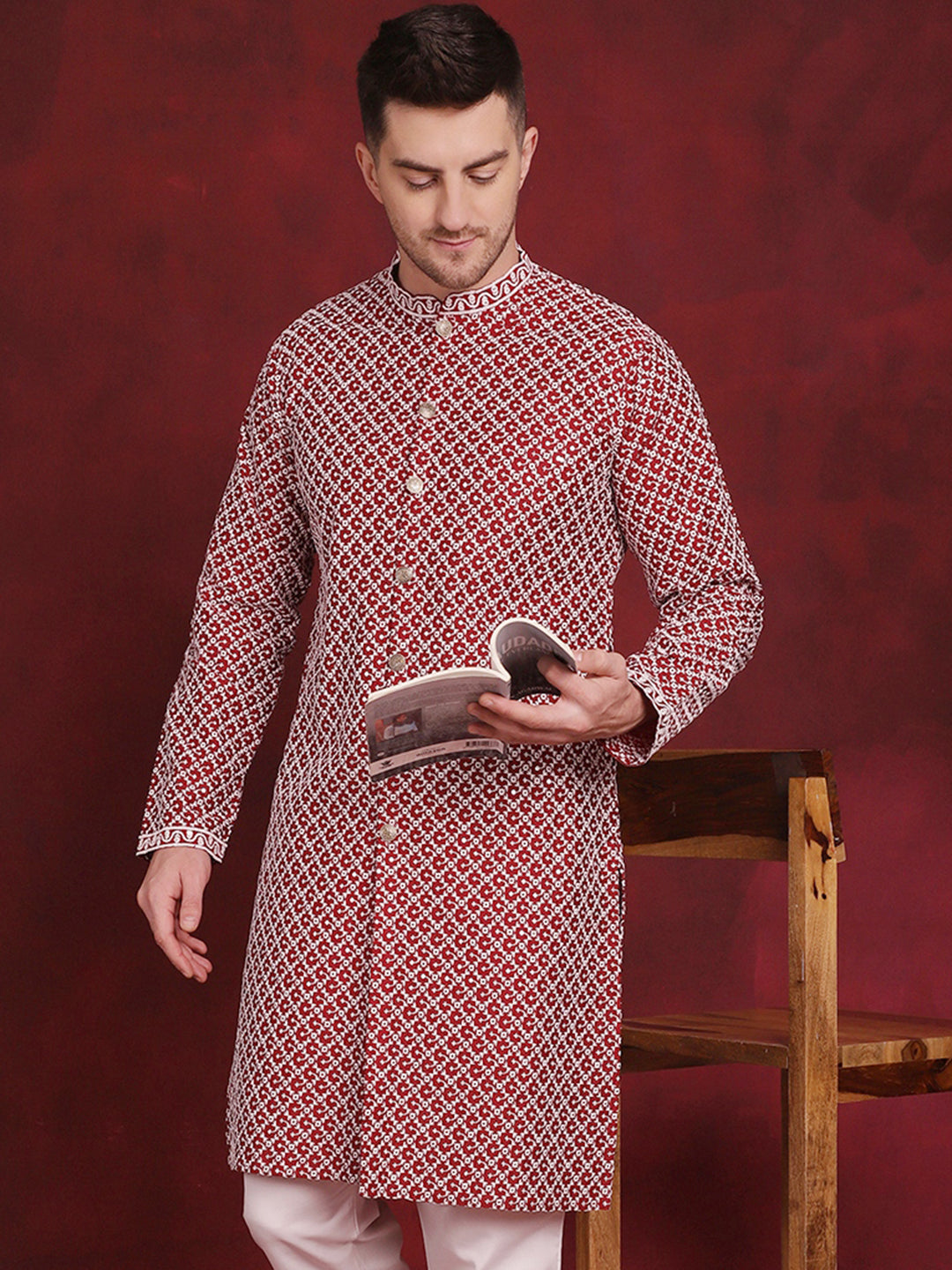 Jompers Men's Sequin Chikankari Front Open Kurta - Maroon - Distacart