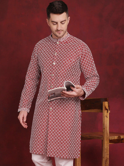 Jompers Men's Sequin Chikankari Front Open Kurta - Maroon - Distacart