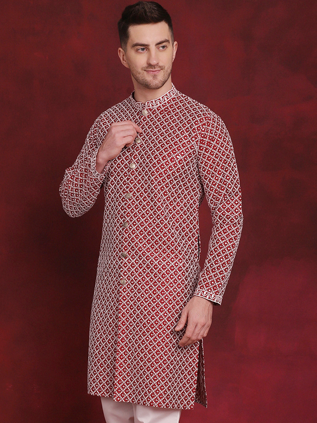 Jompers Men's Sequin Chikankari Front Open Kurta - Maroon - Distacart