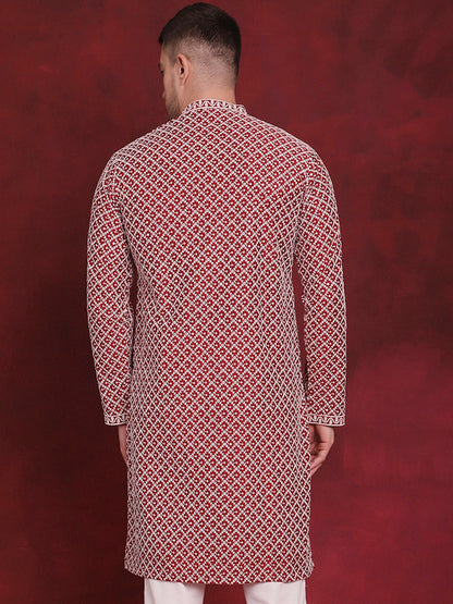 Jompers Men's Sequin Chikankari Front Open Kurta - Maroon - Distacart