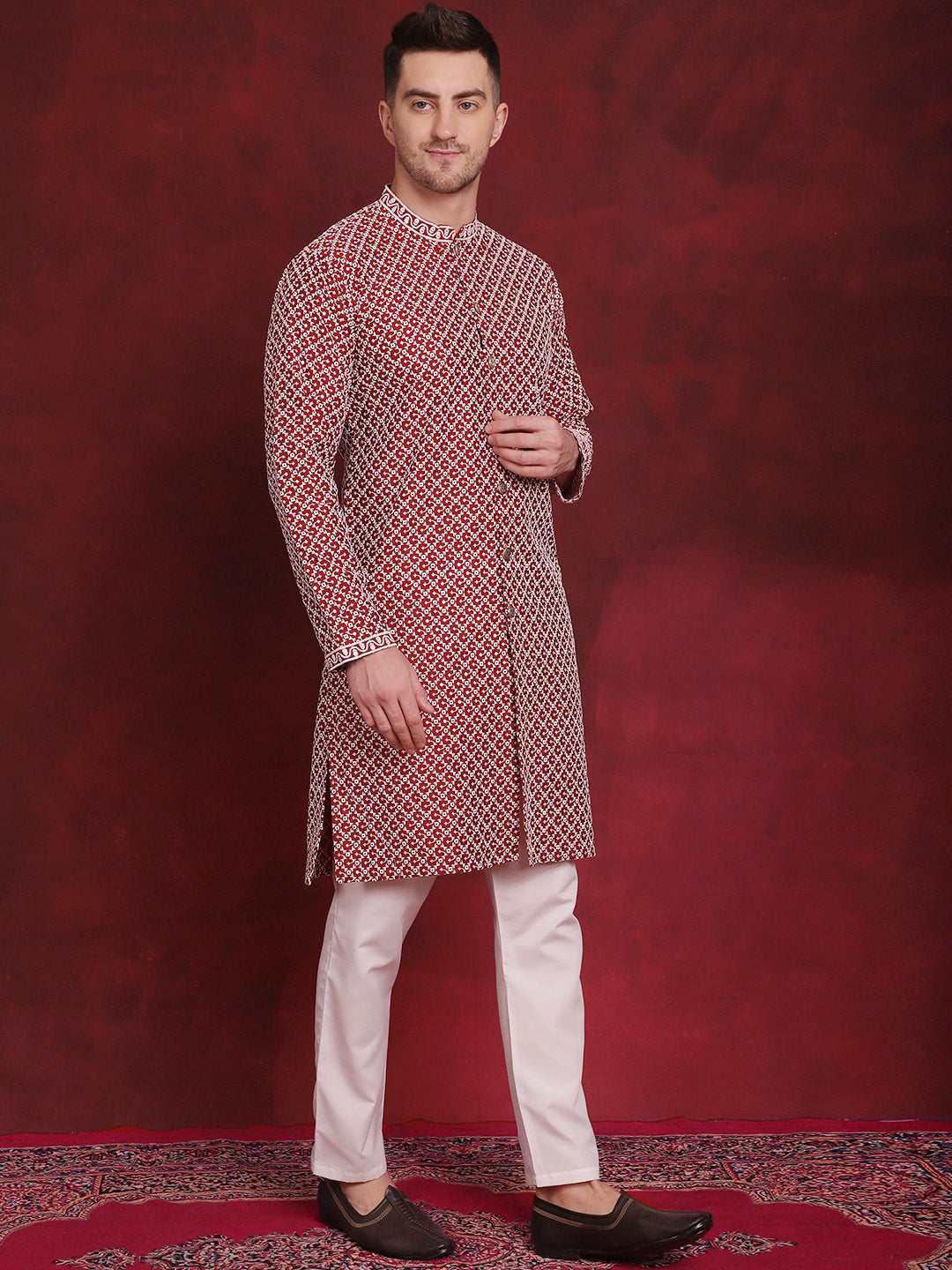 Jompers Men's Sequin Chikankari Front Open Kurta - Maroon - Distacart