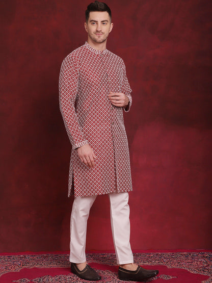 Jompers Men's Sequin Chikankari Front Open Kurta - Maroon - Distacart