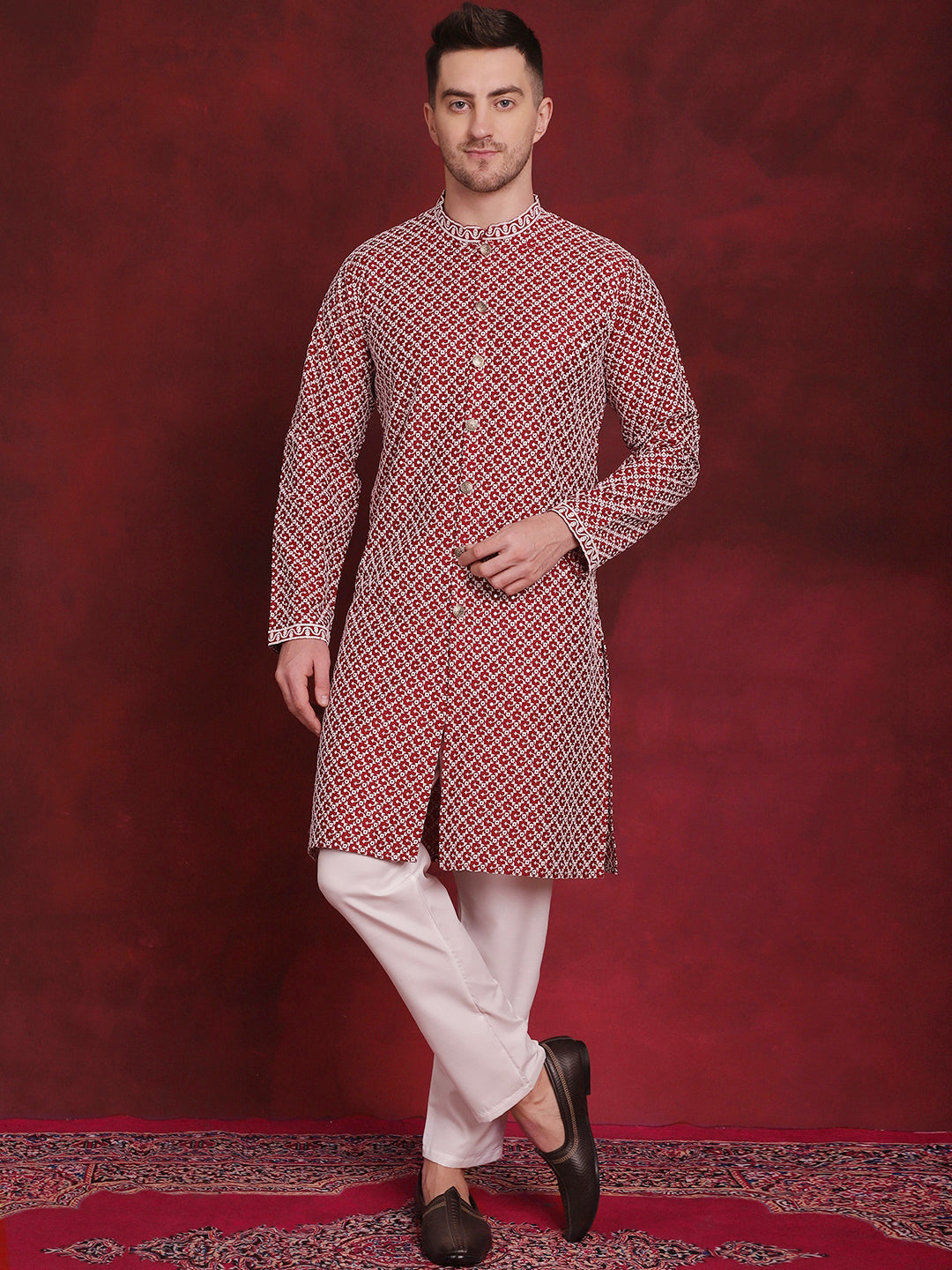 Jompers Men's Sequin Chikankari Front Open Kurta - Maroon - Distacart