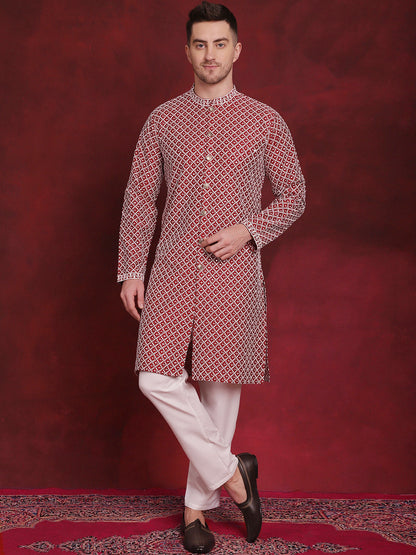 Jompers Men's Sequin Chikankari Front Open Kurta - Maroon - Distacart
