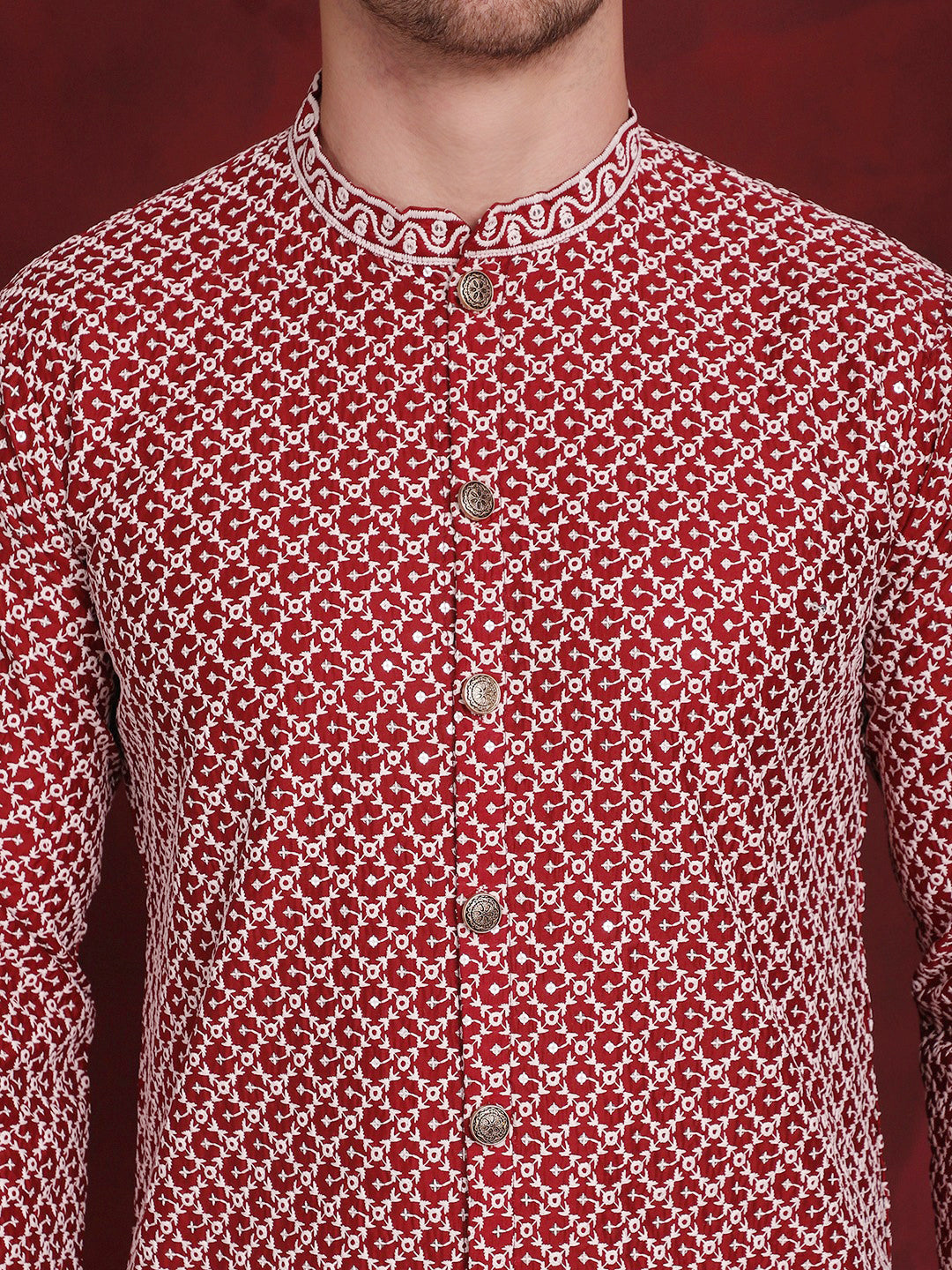 Jompers Men's Sequin Chikankari Front Open Kurta - Maroon - Distacart