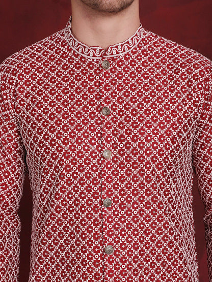 Jompers Men's Sequin Chikankari Front Open Kurta - Maroon - Distacart