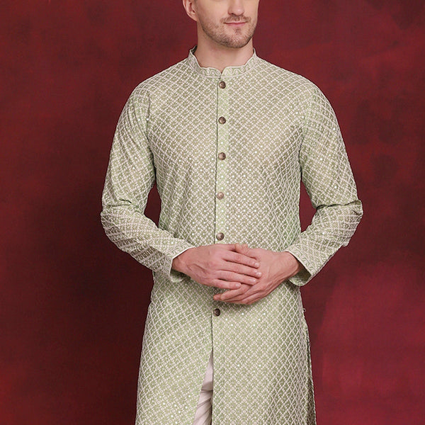 Jompers Men's Sequin Chikankari Front Open Kurta - Pista - Distacart
