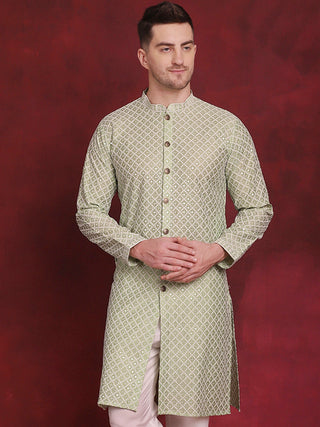 Jompers Men's Sequin Chikankari Front Open Kurta - Pista - Distacart