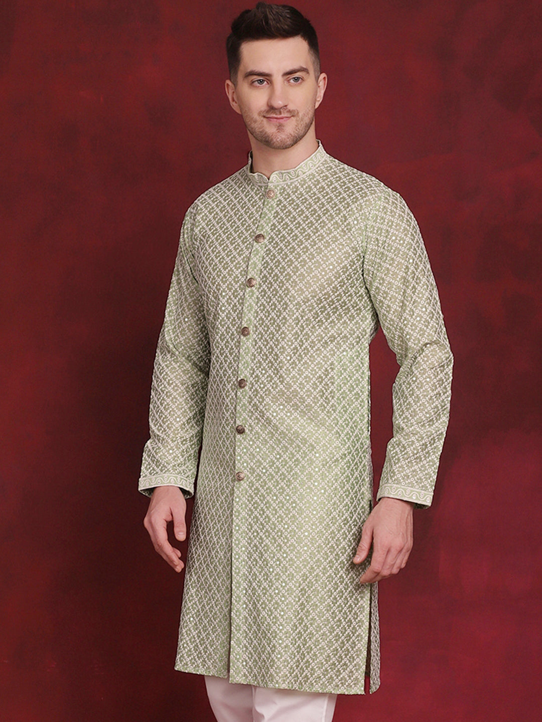 Jompers Men's Sequin Chikankari Front Open Kurta - Pista - Distacart
