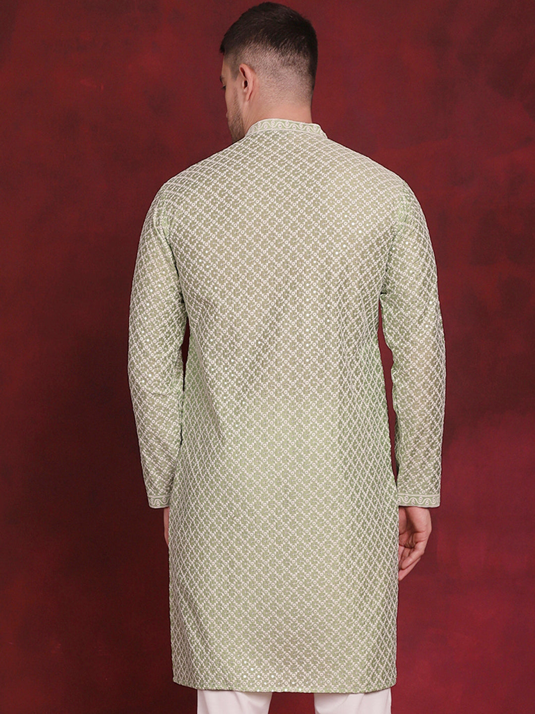 Jompers Men's Sequin Chikankari Front Open Kurta - Pista - Distacart