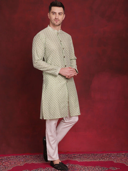 Jompers Men's Sequin Chikankari Front Open Kurta - Pista - Distacart