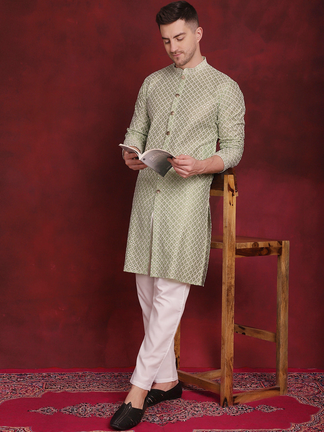 Jompers Men's Sequin Chikankari Front Open Kurta - Pista - Distacart