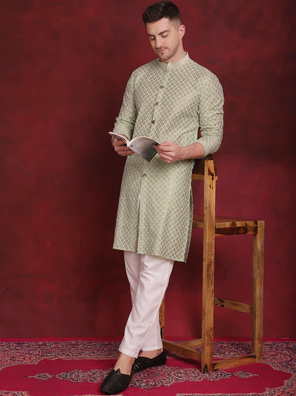 Jompers Men's Sequin Chikankari Front Open Kurta - Pista - Distacart