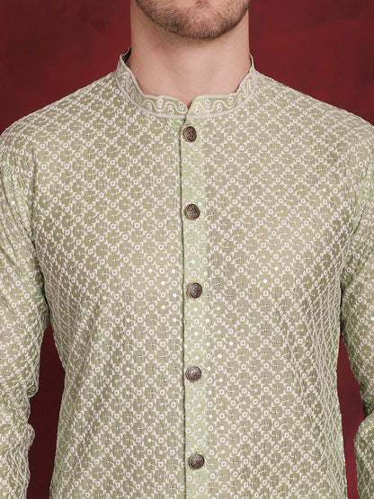 Jompers Men's Sequin Chikankari Front Open Kurta - Pista - Distacart