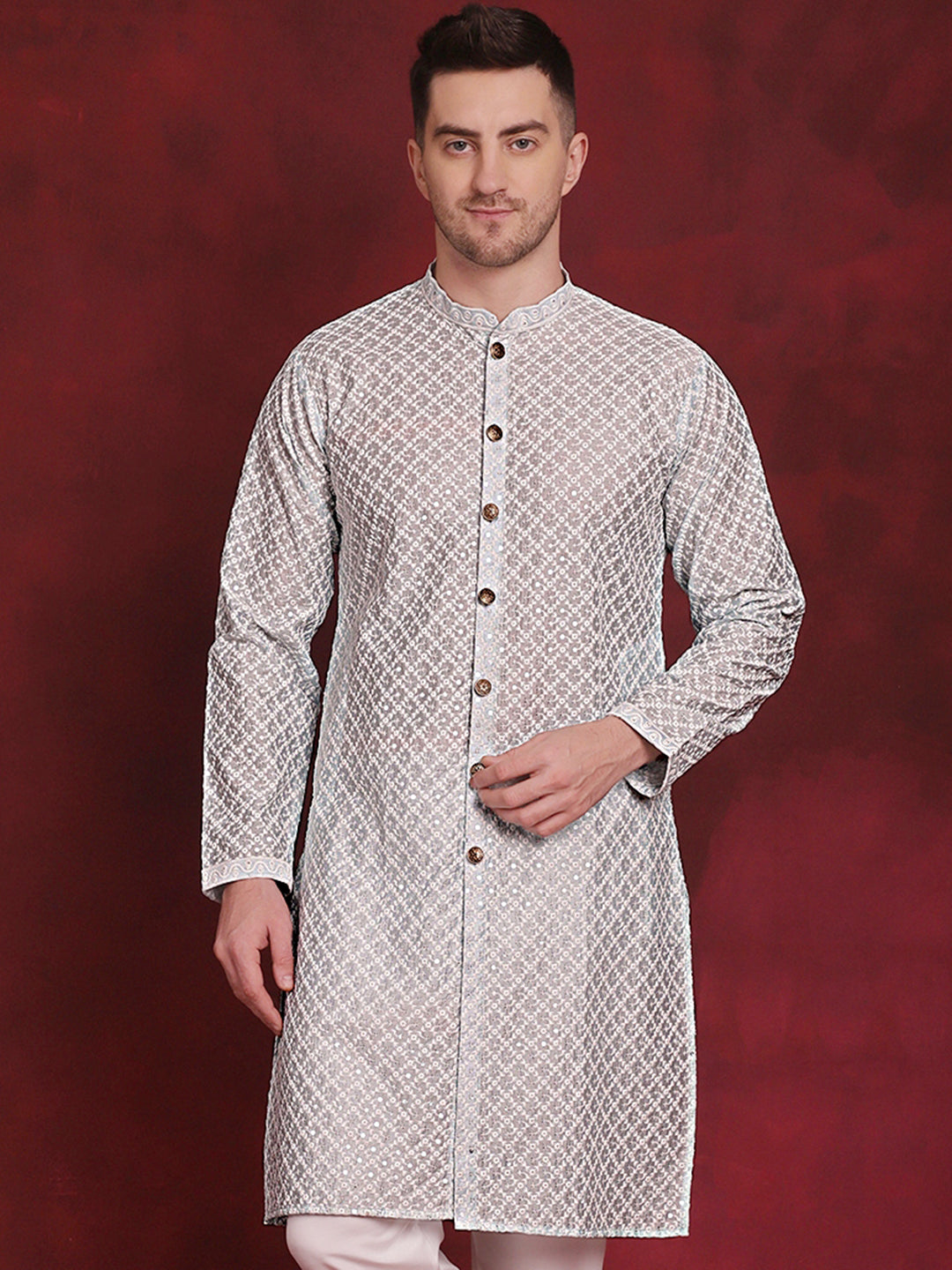 Jompers Men's Sequin Chikankari Front Open Kurta - Sky Blue - Distacart