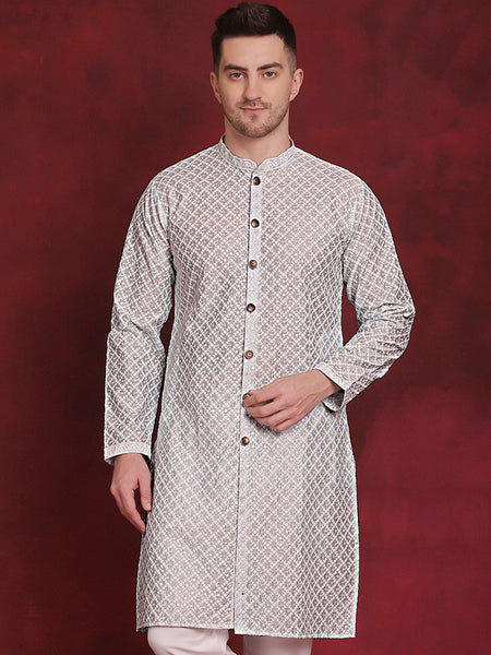 Jompers Men's Sequin Chikankari Front Open Kurta - Sky Blue - Distacart