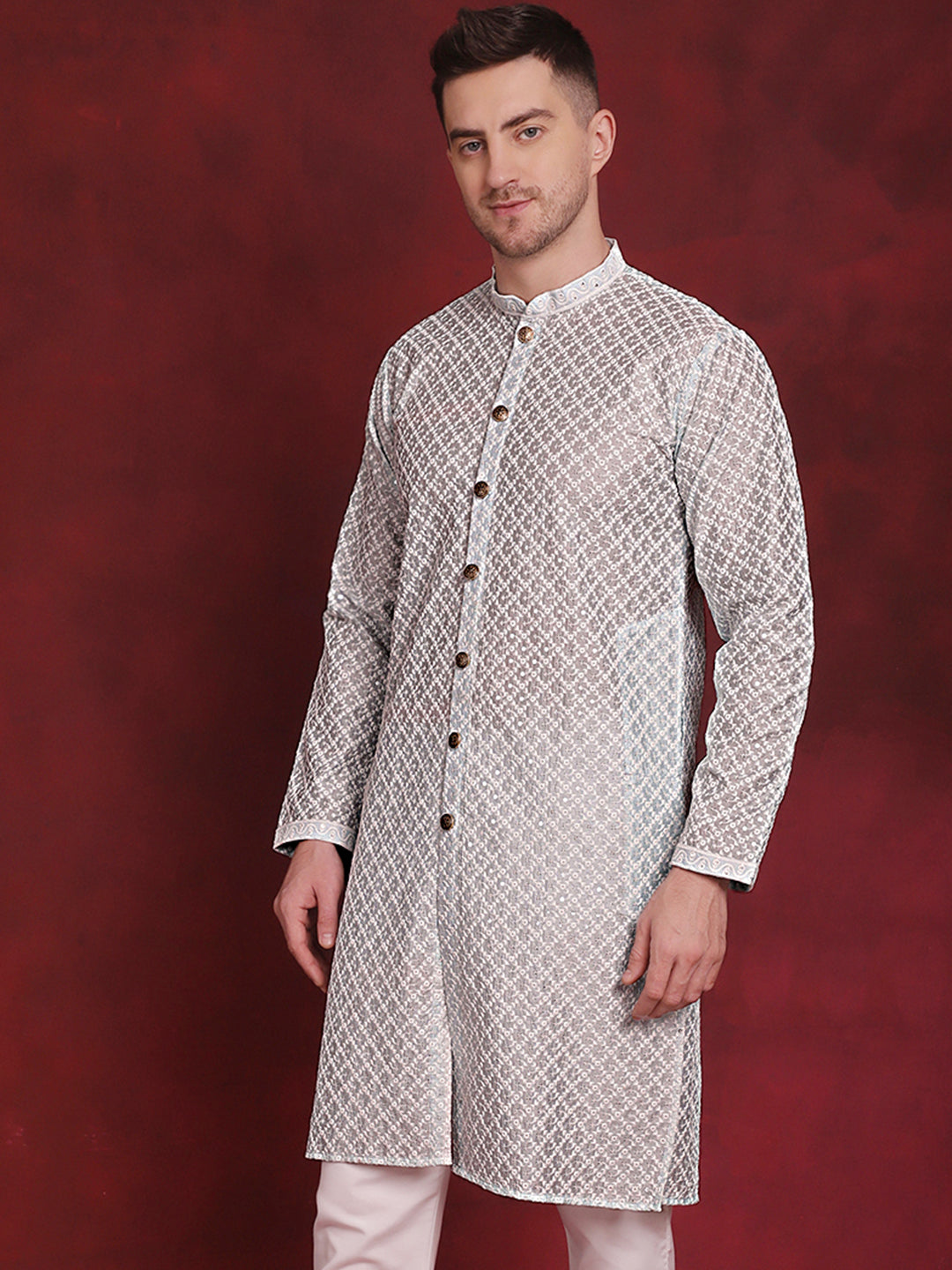 Jompers Men's Sequin Chikankari Front Open Kurta - Sky Blue - Distacart