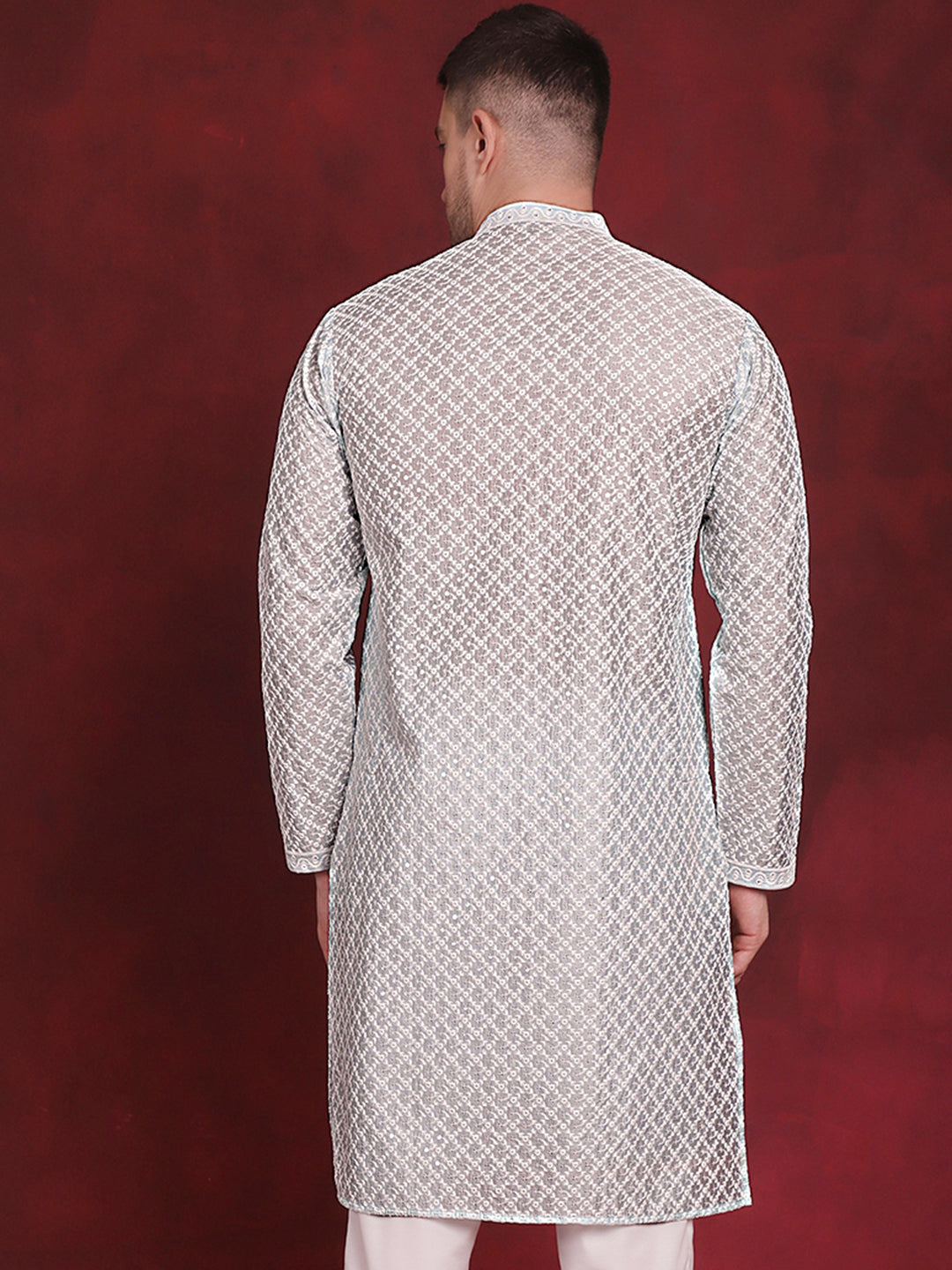 Jompers Men's Sequin Chikankari Front Open Kurta - Sky Blue - Distacart