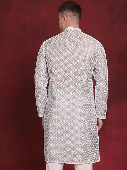 Jompers Men's Sequin Chikankari Front Open Kurta - Sky Blue - Distacart