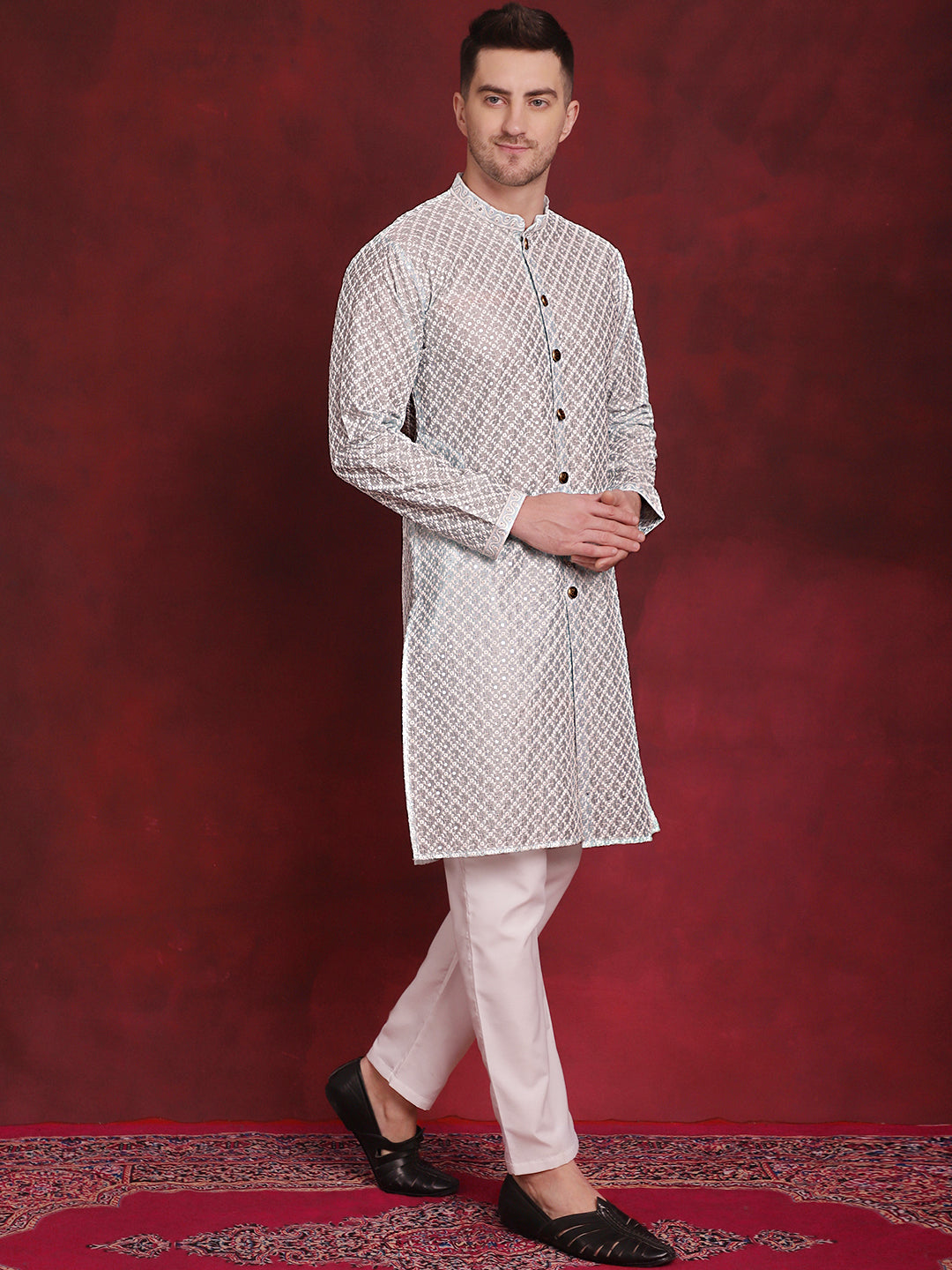 Jompers Men's Sequin Chikankari Front Open Kurta - Sky Blue - Distacart