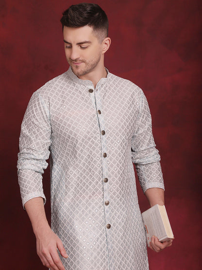 Jompers Men's Sequin Chikankari Front Open Kurta - Sky Blue - Distacart