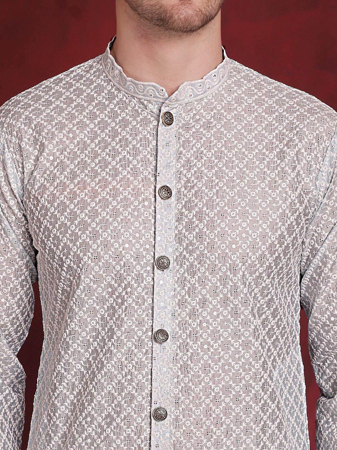 Jompers Men's Sequin Chikankari Front Open Kurta - Sky Blue - Distacart