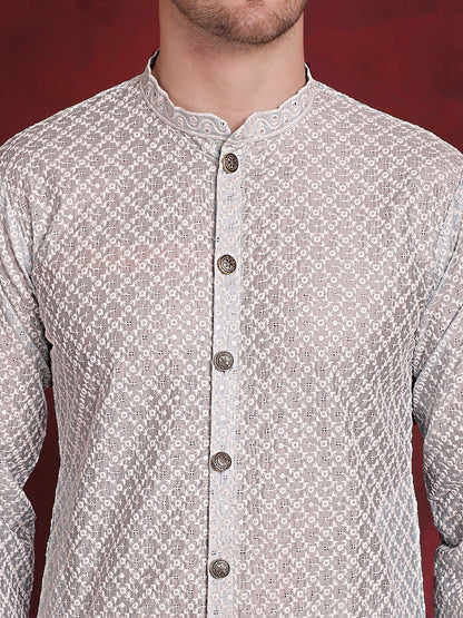 Jompers Men's Sequin Chikankari Front Open Kurta - Sky Blue - Distacart