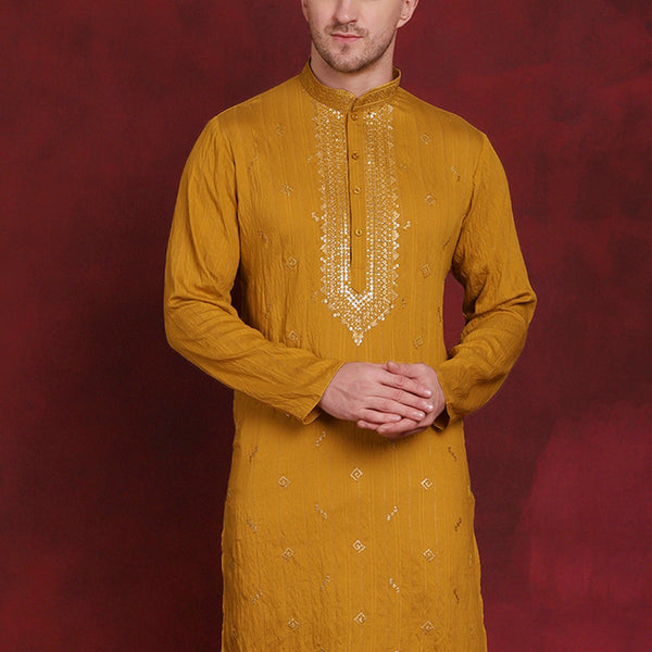 Jompers Men's Sequins Embroidered Kurta - Mustard - Distacart
