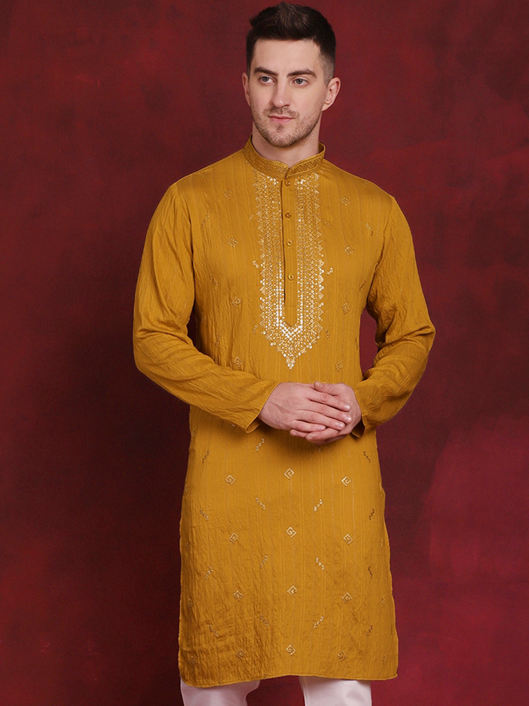 Jompers Men's Sequins Embroidered Kurta - Mustard - Distacart