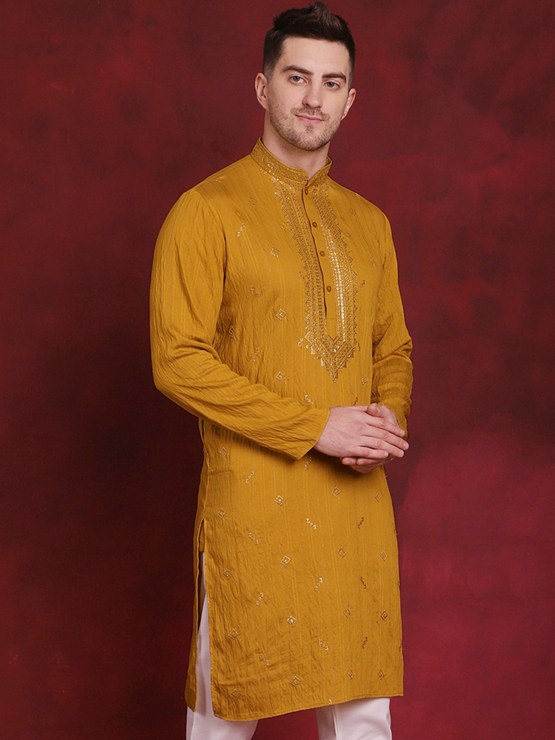 Jompers Men's Sequins Embroidered Kurta - Mustard - Distacart