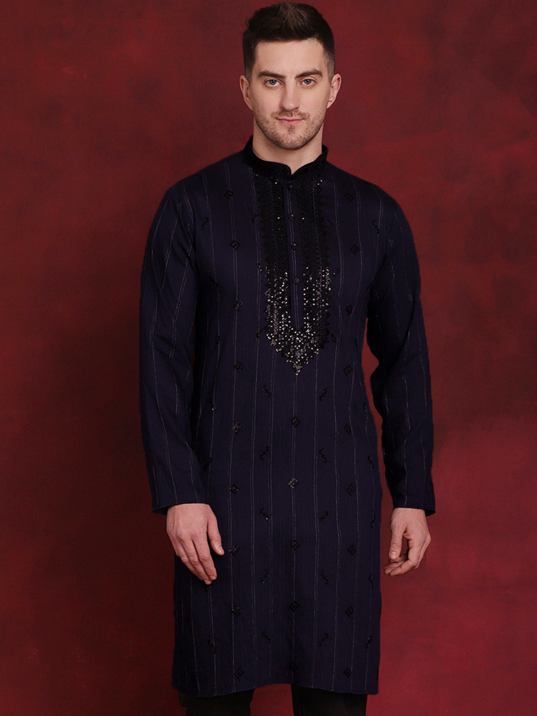 Jompers Men's Sequins Embroidered Kurta - Navy Blue - Distacart