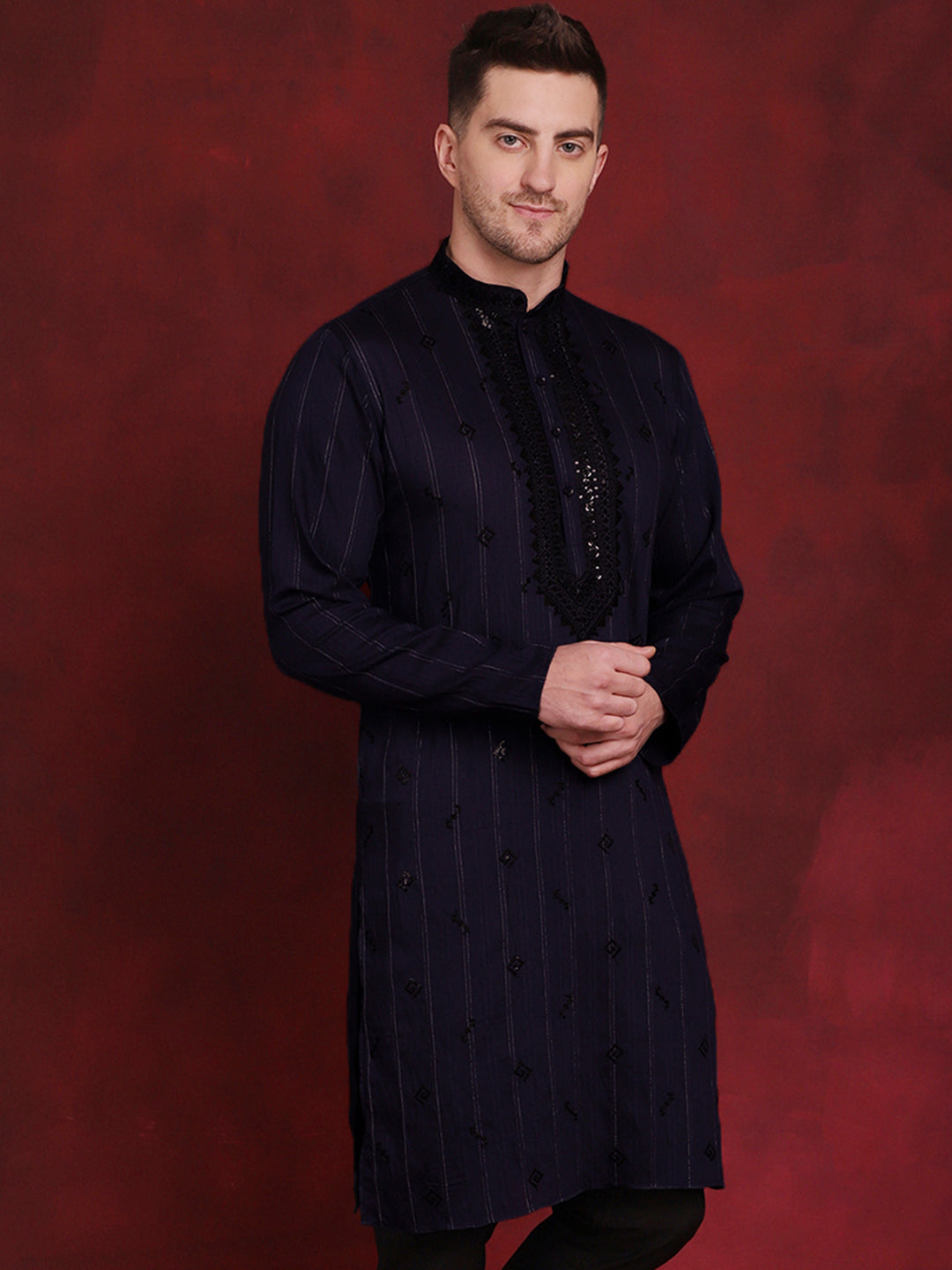 Jompers Men's Sequins Embroidered Kurta - Navy Blue - Distacart